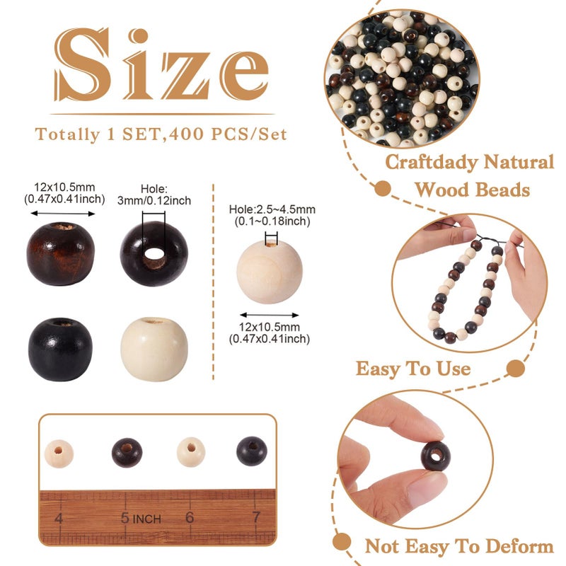 Craftdady 400Pcs Natural Round Wooden Ball Spacer Beads 12mm Black Brown Ivory Natural Color Wood Loose Beads for DIY Jewelry Making Hole: 2.5-3mm - Image 2